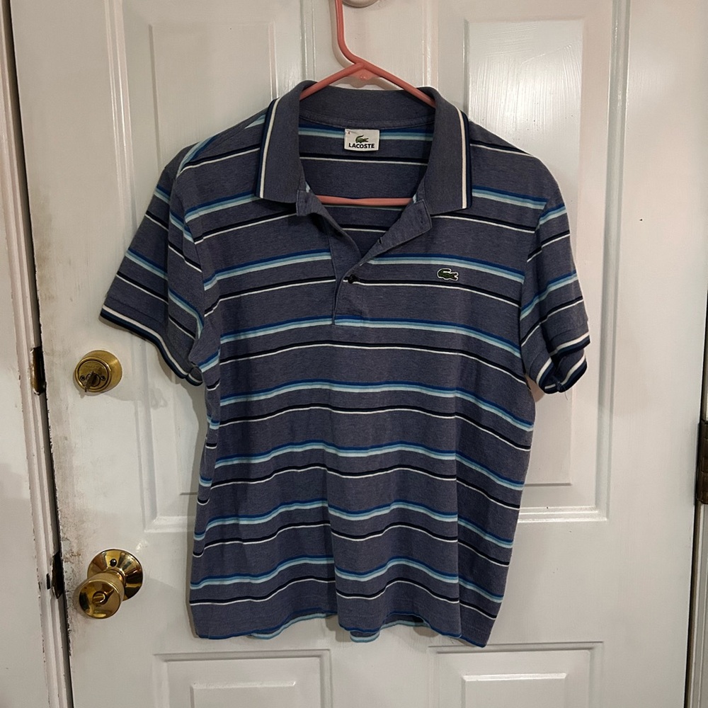 Lacoste Men's Navy and Light Blue Striped Polo